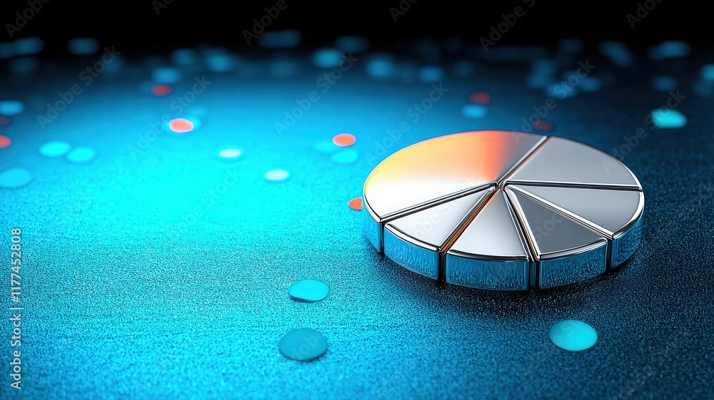 Poster silver pie chart on a glittery blue surface, surrounded by colorful dots, evoking themes of data vis