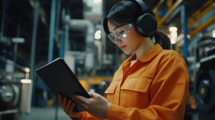 Young female industrial specialist wearing protective workwear is using a digital tablet, managing production processes in heavy industry manufacturing factory