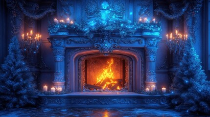 Fototapeta premium Cozy Winter Fireplace Scene with Christmas Decor