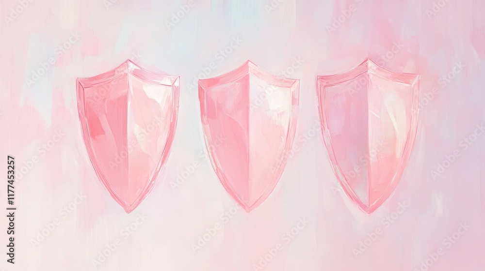 Poster a trio of glossy pink shields on a soft pastel canvas, representing privacy and secure browsing.