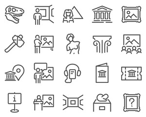 Simple Set of Museum Related Vector Line Icons. Contains such Icons as Tourist Group, Sculpture, Art Gallery and more.