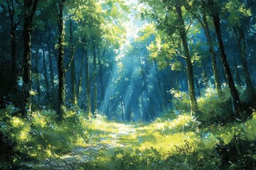Obraz premium Sunlight streaming through trees in a tranquil forest nature landscape peaceful environment scenic view serenity concept