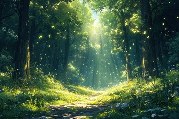 Obraz premium Tranquil sunlit forest path nature scene serene environment peaceful viewpoint high fidelity imagery