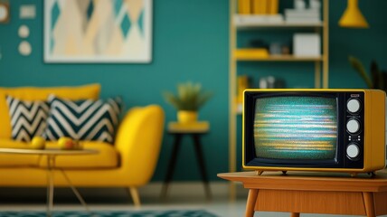 Vintage living room with retro television and modern decor.