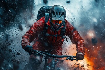 Obraz premium High-energy action shot of a cyclist riding through challenging terrain forest environment sports photography dynamic viewpoint