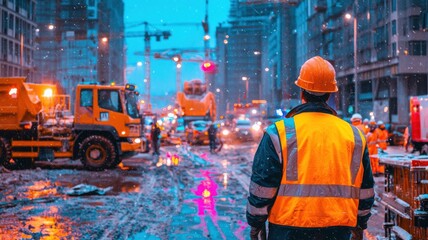 Fototapeta premium Construction worker observes urban development on a rainy day.