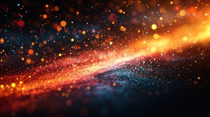 Fototapeta premium Glittering dust particles swirling in fiery nebula, dark background, for festive backdrop