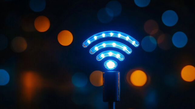 Glowing blue wifi symbol against blurred bokeh lights in a dark setting.