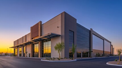 Obraz premium Modern industrial building at sunset with large glass windows and palm trees in the foreground.