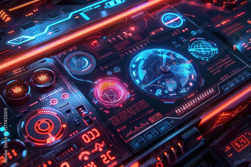 Poster futuristic control panel with glowing indicators and a radar display