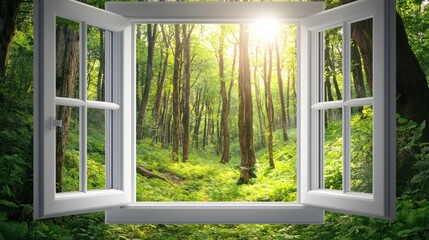 Sunlight Through Open Window in Lush Green Forest Surrounded by Trees