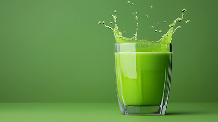 Green smoothie splash in glass against vibrant green background, healthy fresh beverage concept.