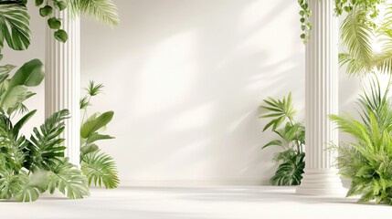 Tropical plants and leaves in decorative classical white column background scene