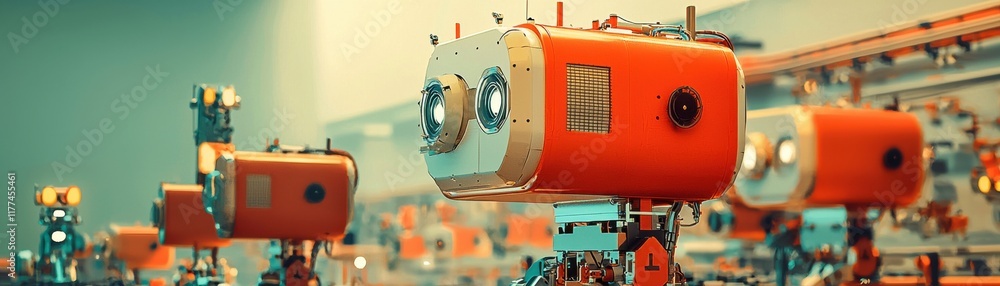 Poster futuristic robots displayed in modern technology environment.