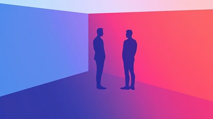 Obraz premium Silhouette of Two Men Facing Each Other in a Bi-Colored Room