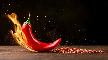Keuken achterwand Hete pepers Flaming red chili pepper on wooden table with spices   hot food concept for spicy recipe website or cookbook.  © Olivia