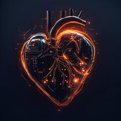 A futuristic, mechanical heart with glowing red veins, surrounded by wires and electronic components, symbolizing a blend of technology and biology.