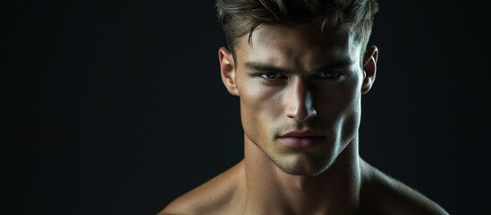 Handsome young man with athletic build posing in artistic portrait with dramatic lighting on a dark background showcasing male beauty and ample copy space.