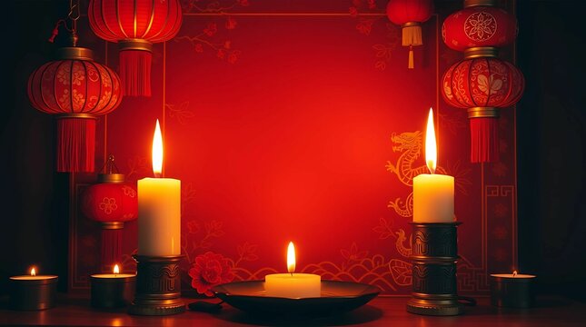 Traditional Chinese lanterns and glowing candles against a red background with floral and dragon motifs. Warm light creates a festive and cultural ambiance, perfect for Lunar New Year themes