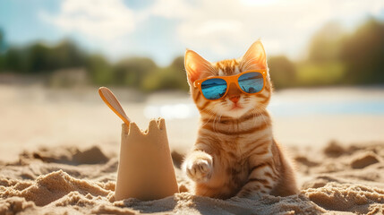 Playful cat wearing sunglasses building a sandcastle, symbolizing creativity and fun, ideal for family-friendly branding or summer campaigns