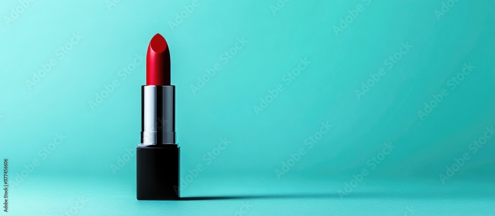 Poster applying vibrant red lipstick in a stylish home setting with a turquoise background and ample empty 