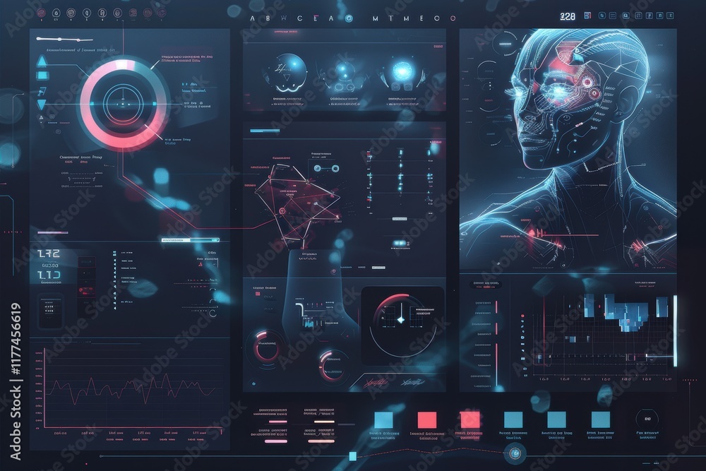 Aufkleber futuristic interface with data visualization and a wireframe human head