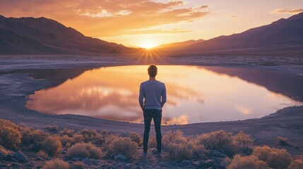 Fototapeta premium Attractive man gazing at a serene lake landscape during a vibrant sunset in the mountains, showcasing freedom and nature's beauty in warm hues.