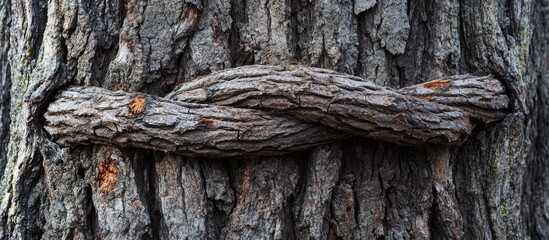 Twisted tree trunk detail with intertwining branches in Lincoln Nebraska USA showcasing textured bark and expansive empty copyspace for text
