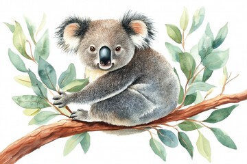 Obraz premium Adorable Koala Bear on Eucalyptus Branch Watercolor Illustration