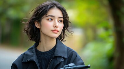 A close-up of a stylishly dressed young woman riding an electric scooter along a park path