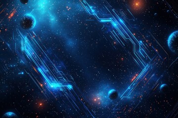 Fototapeta premium Futuristic circuit frame in deep space with planets and nebulae background, ideal for tech or sci-fi projects