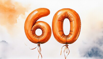 Orange birthday / anniversary balloon, number 60, watercolor painting with white background