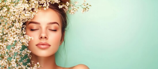 Young adult woman surrounded by delicate white flowers with a serene expression against a soft mint green background, showcasing spring beauty and tranquility.