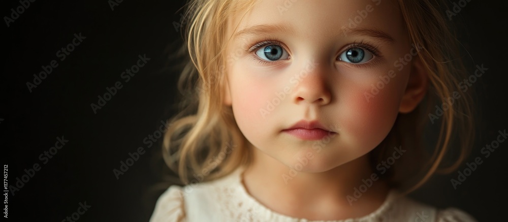 Poster charming young girl with blue eyes in soft light studio setting with dark background and ample copys
