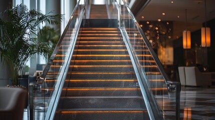 Modern glass staircase with warm LED lighting in a luxury building lobby.
