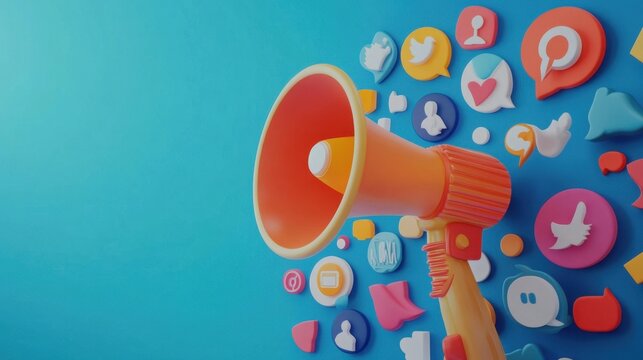 Digital Marketing Strategy Amplified Social Media Promotion Through Loudspeaker and Colorful Icons