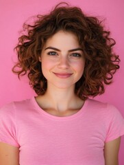 Fototapeta premium Joyful young woman with curly hair in a pink shirt smiling against a vibrant pink background, embodying health and happiness with ample copyspace for text.