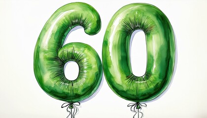 Green birthday / anniversary balloon, number 60, watercolor painting with white background
