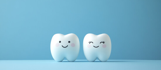 Fototapeta premium Gentle tooth couple on mint background for dental partnership concept