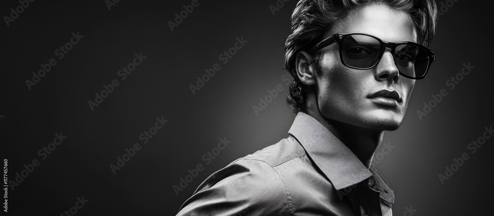 Poster stylish young man in sunglasses posing elegantly in monochrome with expansive copy space for text in