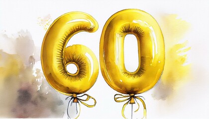 Yellow birthday / anniversary balloon, number 60, watercolor painting with white background