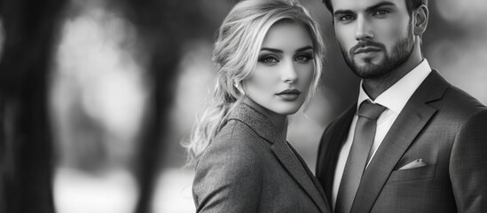 Charming blonde bride and handsome groom in gray suit close up portrait in serene park, black and white photography with ample copyspace for text.
