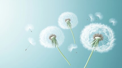 Obraz premium Dandelions Seeds Floating on Light Blue Background