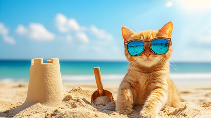 Playful cat wearing sunglasses building a sandcastle, symbolizing creativity and fun, ideal for family-friendly branding or summer campaigns