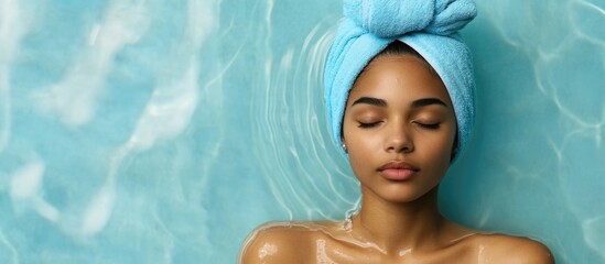 Relaxing Biracial Woman with Blue Towel Wrapped on Head Calmly Meditating in Serene Turquoise Spa Bathtub with Tranquil Water Reflections