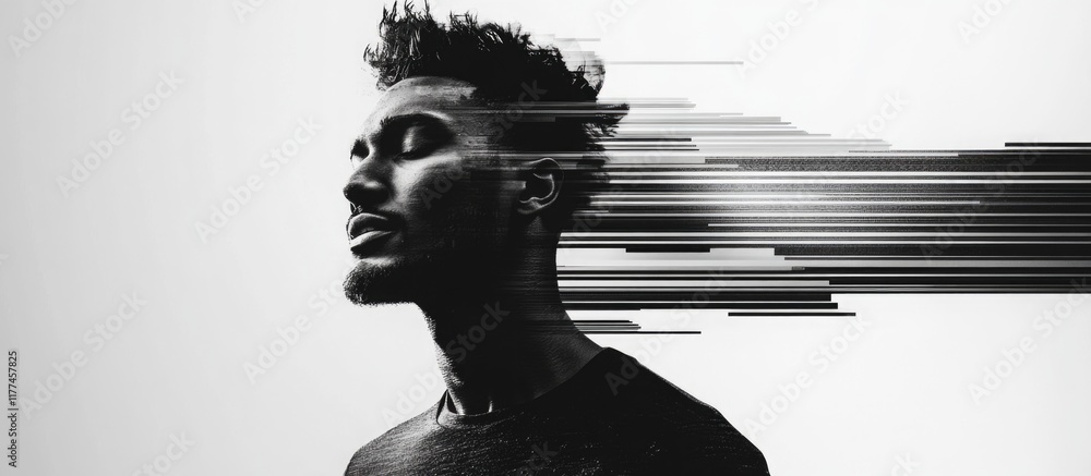 Poster black and white artistic portrait of a man with digital glitch effect against a minimalist white bac