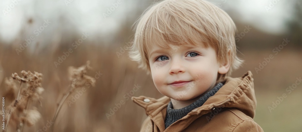 Poster blond little boy with an archly smile in a warm brown outdoor setting with blurred background and am