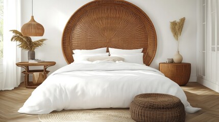 Bohemian Bedroom Interior Design with Wicker Headboard