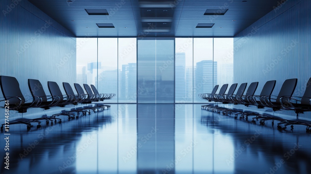 Poster modern waiting area with sleek chairs and large windows overlooking a cityscape.