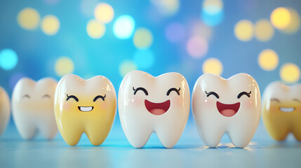 Cheerful tooth group in sparkles for dental celebration concept